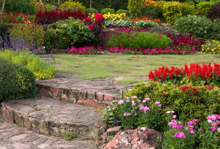 Sección de un jardín con áreas formadas por diferentes tipos de flores
